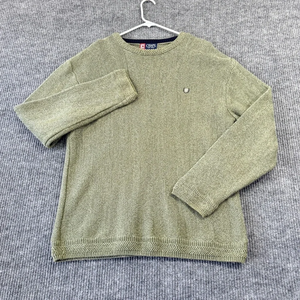 Chaps Sweater Mens Large Green Herringbone Knit Crewneck Cotton Pullover Logo